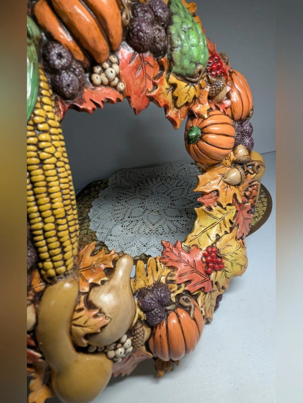 Vintage Ceramic Wreath Fall Decoration Autumn Colors Leaves Pumpkins Corn